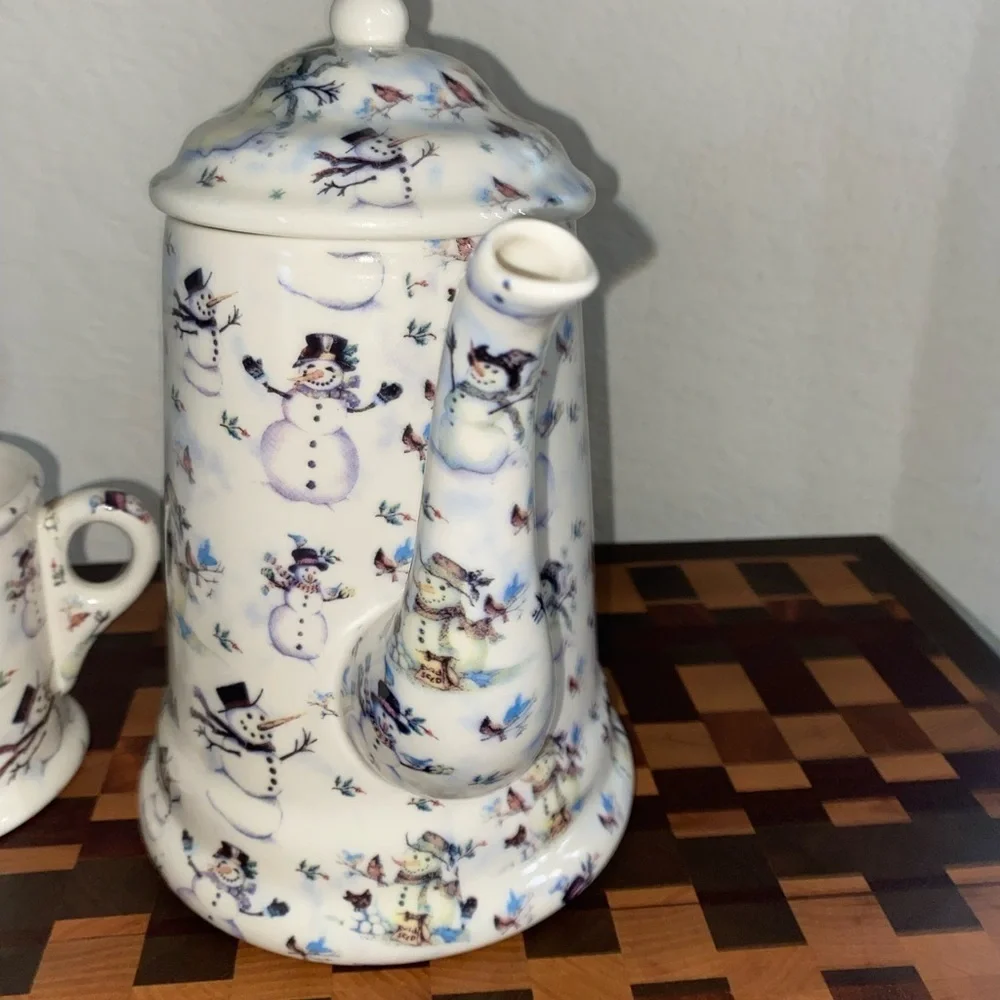 Vintage Grace Snowman Christmas Holiday Porcelain Tea\Coffee Set Kettle/4 Mugs